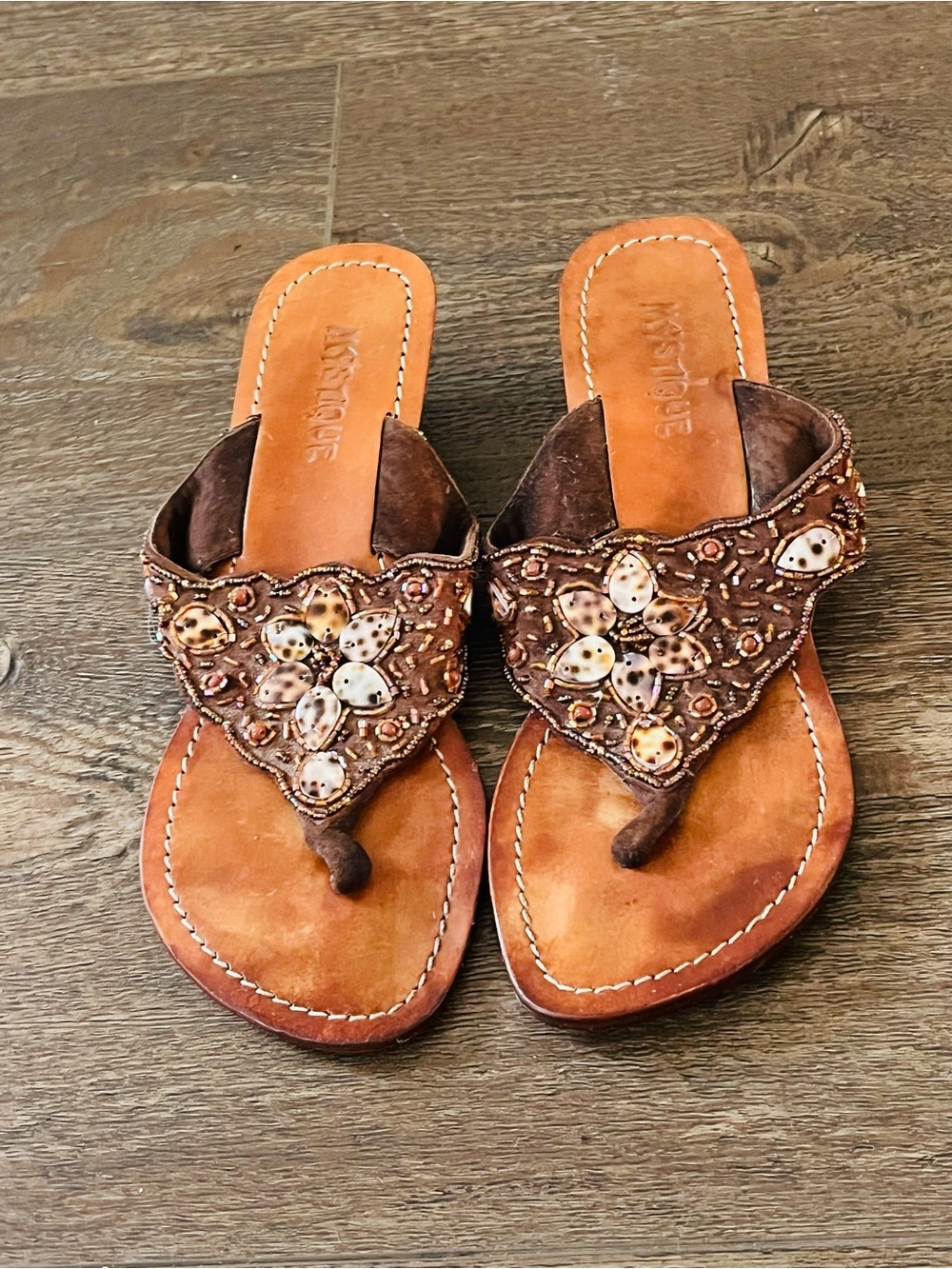 Mystique Boutique Brown Leather Beaded Thong Sandals